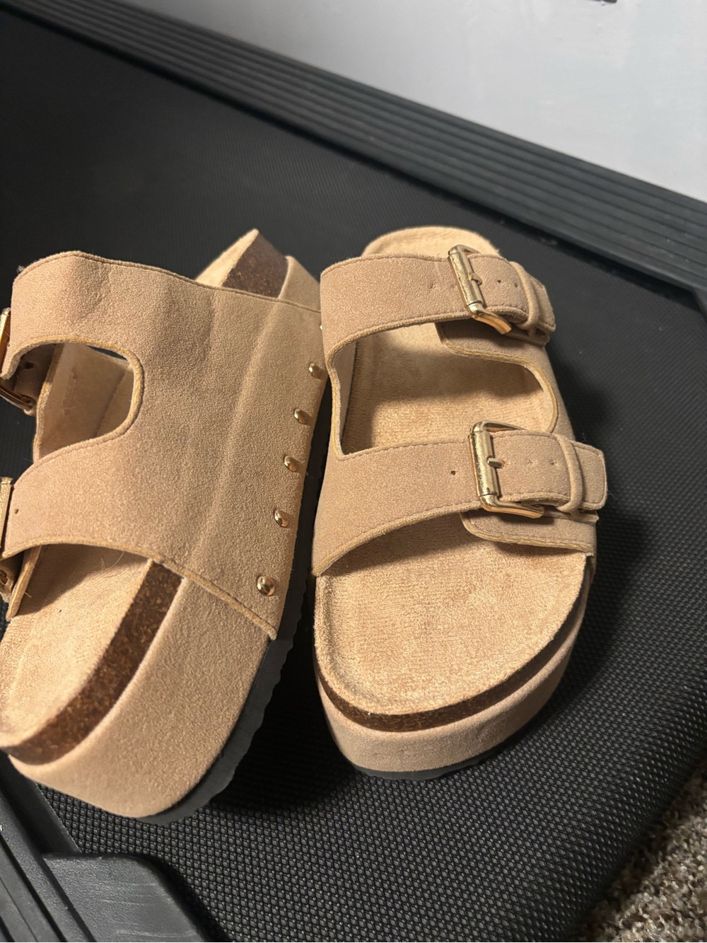 Women’s Double-Buckle Suede Slide Sandals in Tan - Never worn
